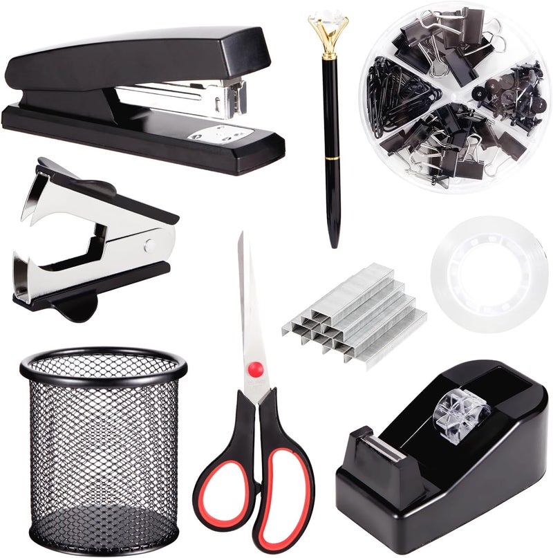 yuun Black Desk Accessories, Office Supplies Set with Stapler, Tape Dispenser, Staple Remover, Pen Holder, Scissor, Binder/Paper Clips, Ballpoint Pen, Clear Tape and 1000pcs Staples - Image 1